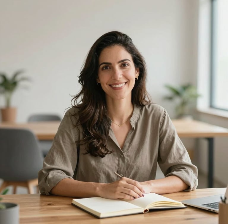 Warm professional portrait of Cristina Alves Souza, a woman in her late 30s with a welcoming smile, sitting at a clean wooden desk with a notebook, soft natural daylight, shallow depth of field.