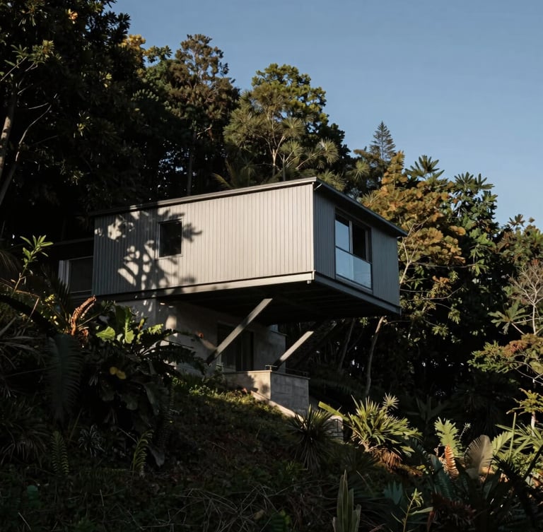 Wide-angle shot of a dramatic residential steel cantilever projecting over a steep forested slope, high-contrast afternoon light, deep shadows.