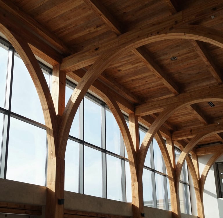 Soaring interior of a civic atrium featuring exposed glulam timber arches, morning sun filtering through high windows, architectural geometry.
