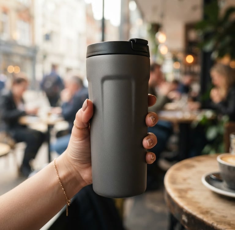 A close-up of a hand holding a matte-finish premium thermal cup in a stylish urban setting, soft morning light, sharp focus, 50mm lens
