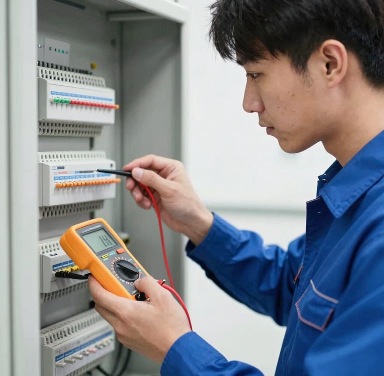 Close-up portrait of a professional technician in a clean blue uniform inspecting an electrical control panel with a digital multimeter, bright clean technical daylight, sharp focus, 35mm