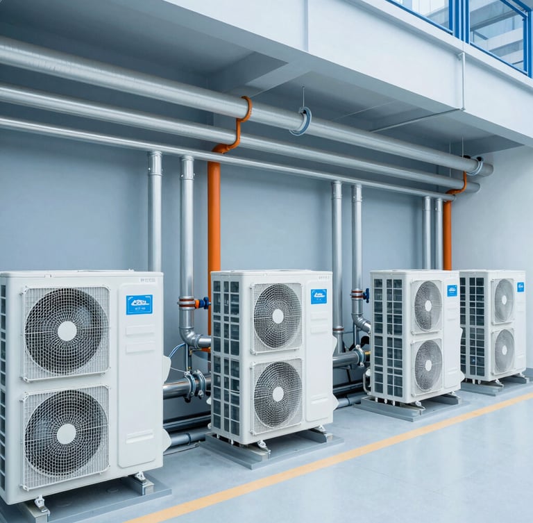 Wide shot of a clean, modern mechanical room with perfectly organized piping and HVAC units, bright crisp daylight, professional blue tones