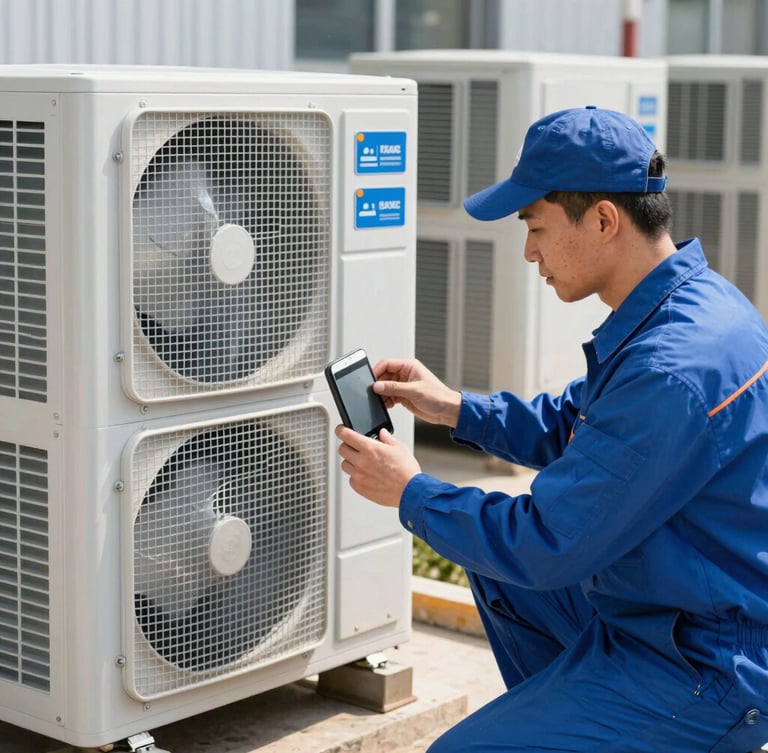 Professional technician in clean blue uniform inspecting a modern HVAC compressor unit on a bright sunny day, sharp focus, 35mm