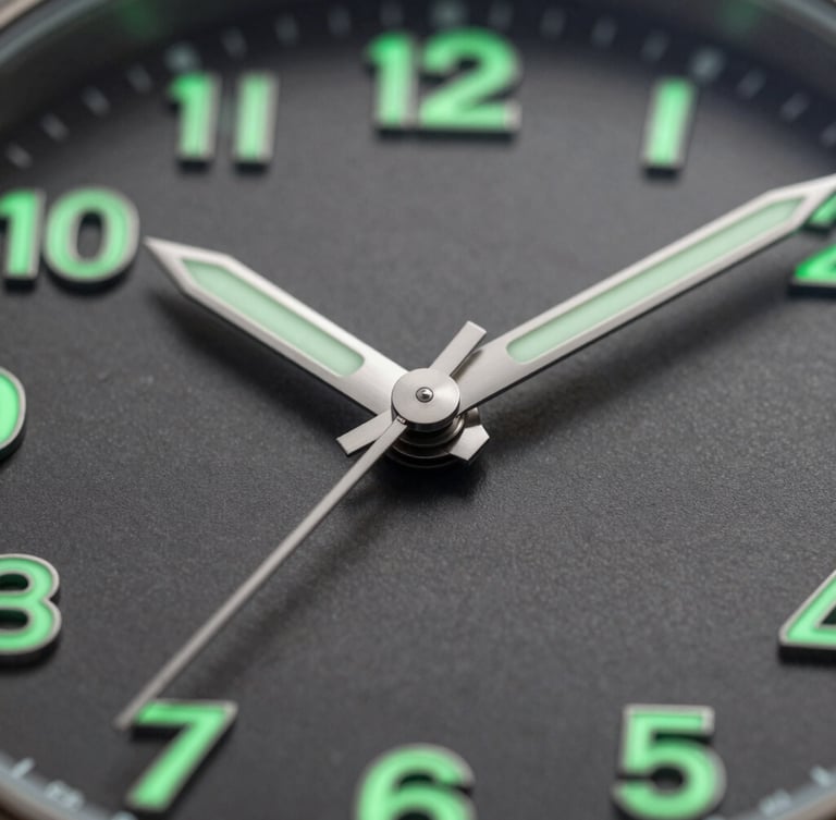 Extreme macro close-up of a custom watch dial with glowing green lume markers, brushed steel hands, sharp studio lighting on dark metallic background