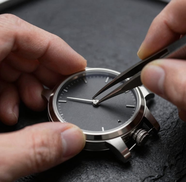 Extreme macro close-up of watchmaker tweezers placing hands on a matte black dial, sharp studio lighting, dark slate backdrop, shallow depth of field