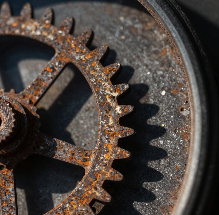 Macro close-up of a rusted mechanical clock gear, teeth worn down, dramatic side lighting with deep shadows, stark contrast, 35mm lens.