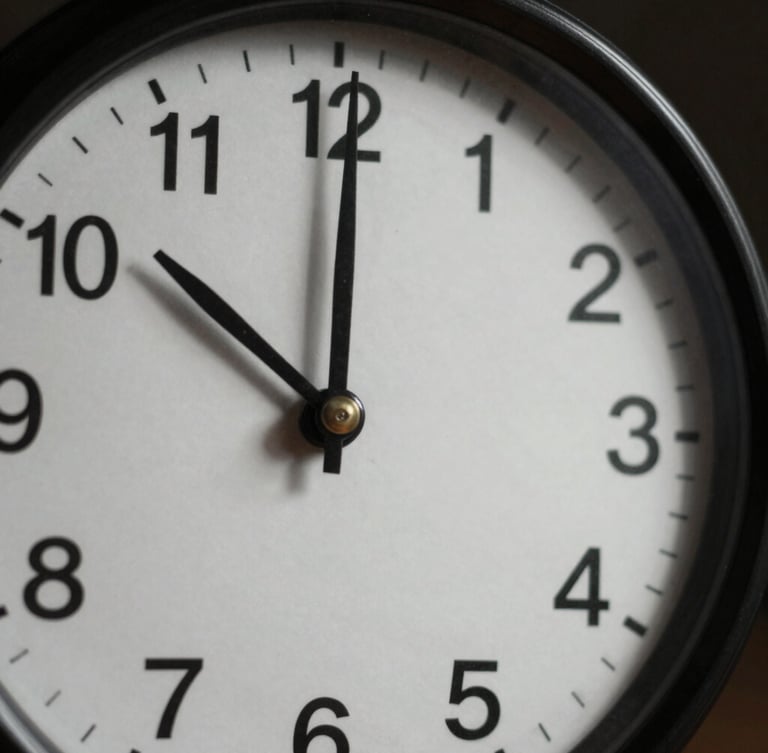 Stark close-up of a vintage analog ticking clock with deep shadows, high-contrast natural light, muted tones, 35mm lens
