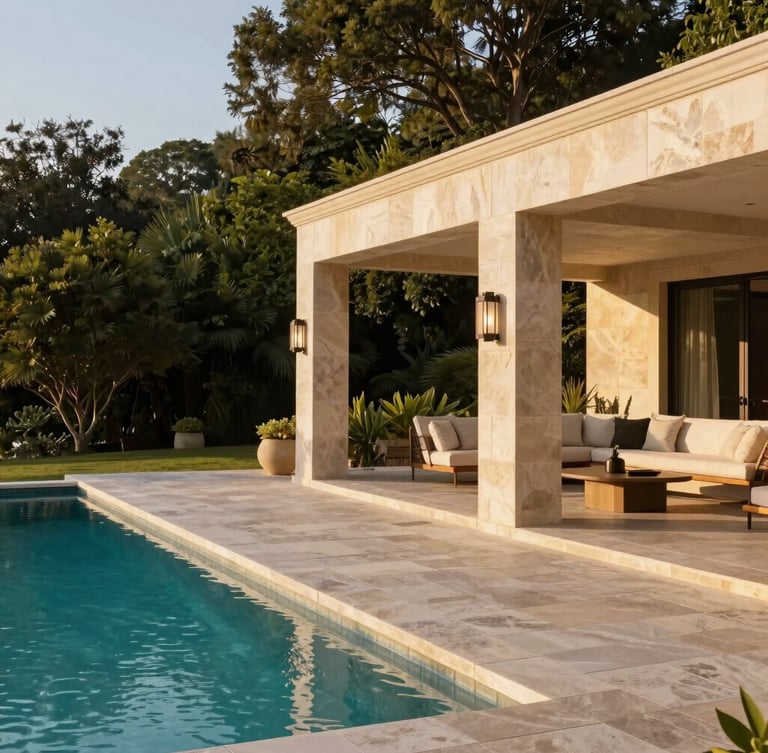 Panoramic architectural shot of a luxury poolside patio with crisp stone joints and modern outdoor living structures, golden hour light, generous negative space on the left, 35mm lens