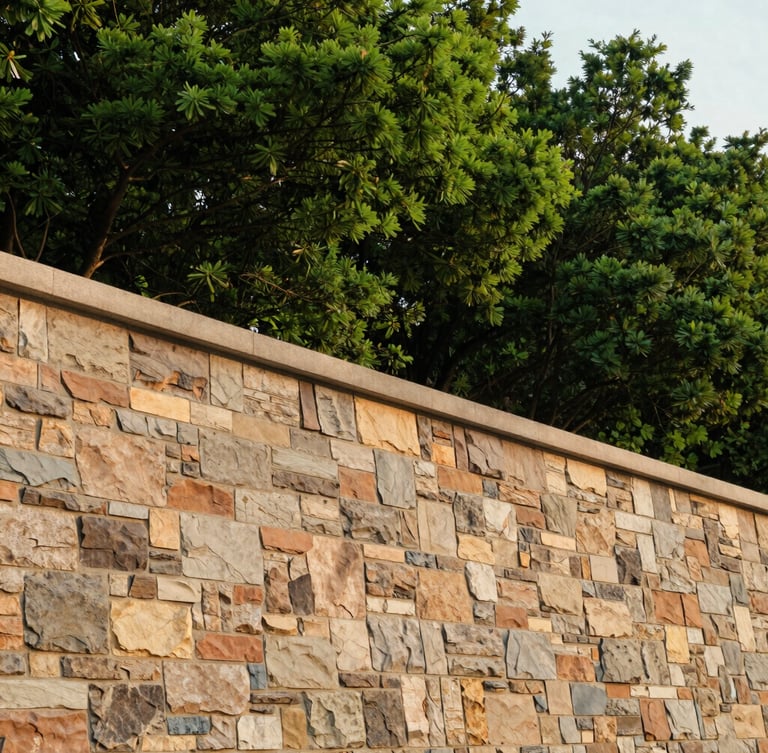 Vertical architectural portrait of a hand-dressed stone retaining wall intersecting with lush forest green foliage, soft overcast daylight, focus on masonry texture