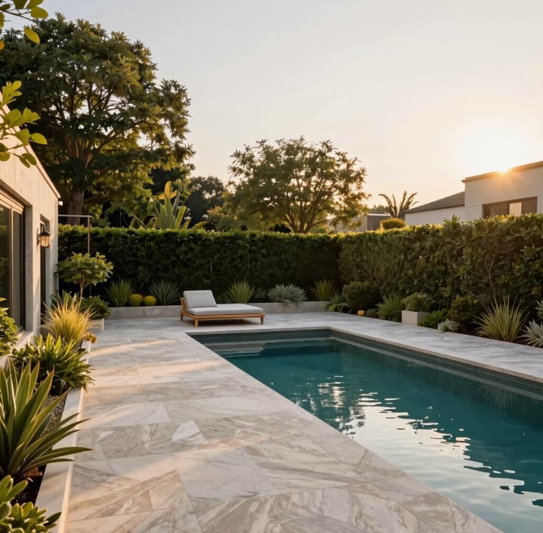 Wide-angle architectural environmental shot of a luxury modern backyard with crisp pool deck masonry and structured planting design at golden hour, warm editorial, 35mm lens