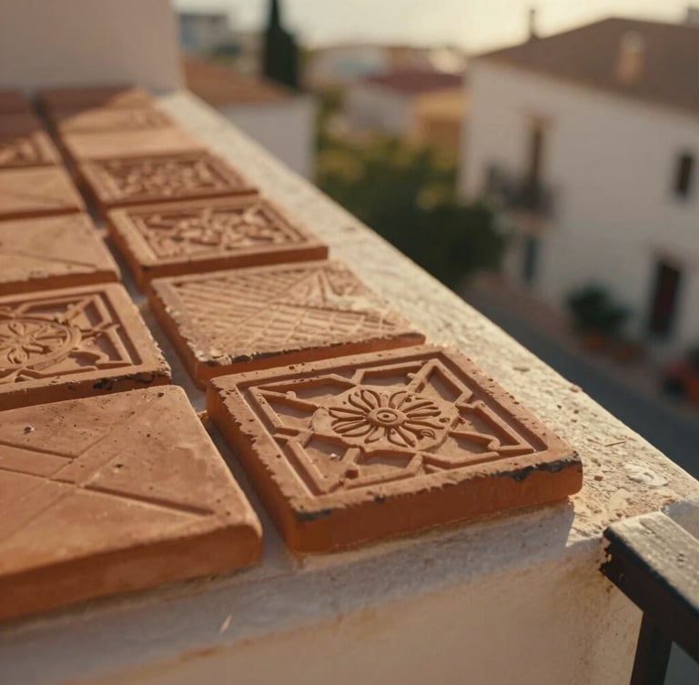 Close-up of hand-carved terracotta tiles on a quiet Mediterranean balcony, warm golden-hour natural light, rich earth tones, cinematic 35mm film look, shallow depth of field