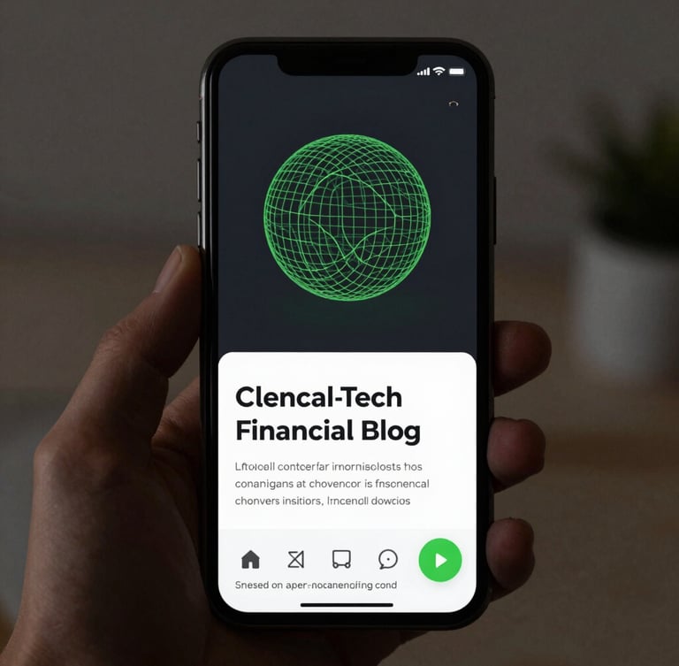 Minimalist clean-tech wireframe of a high-converting financial blog post on a dark mobile screen, crisp green accents, natural studio light