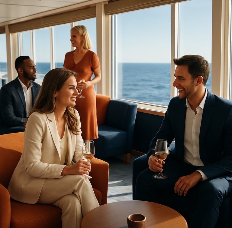 A small group of well-dressed adults socializing naturally in a premium modern cruise ship lounge, bright warm natural daylight streaming through large windows, crisp clean focus, 35mm