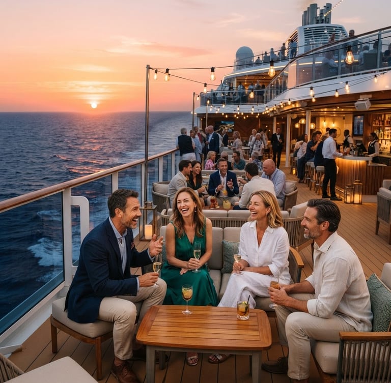 A premium environmental shot of a modern cruise ship deck at sunset, small groups of adults talking and laughing naturally in a stylish outdoor lounge, warm orange lighting, deep navy sea