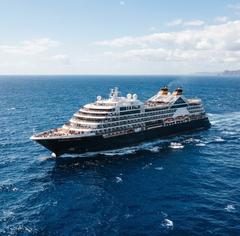 A premium modern cruise ship sailing in deep blue ocean water under bright natural daylight, crisp clean focus, 35mm