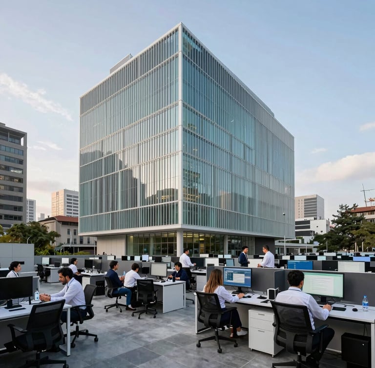 Modern architectural office in Santiago with researchers collaborating around screens, cool-toned daylight, professional atmosphere, wide-angle lens