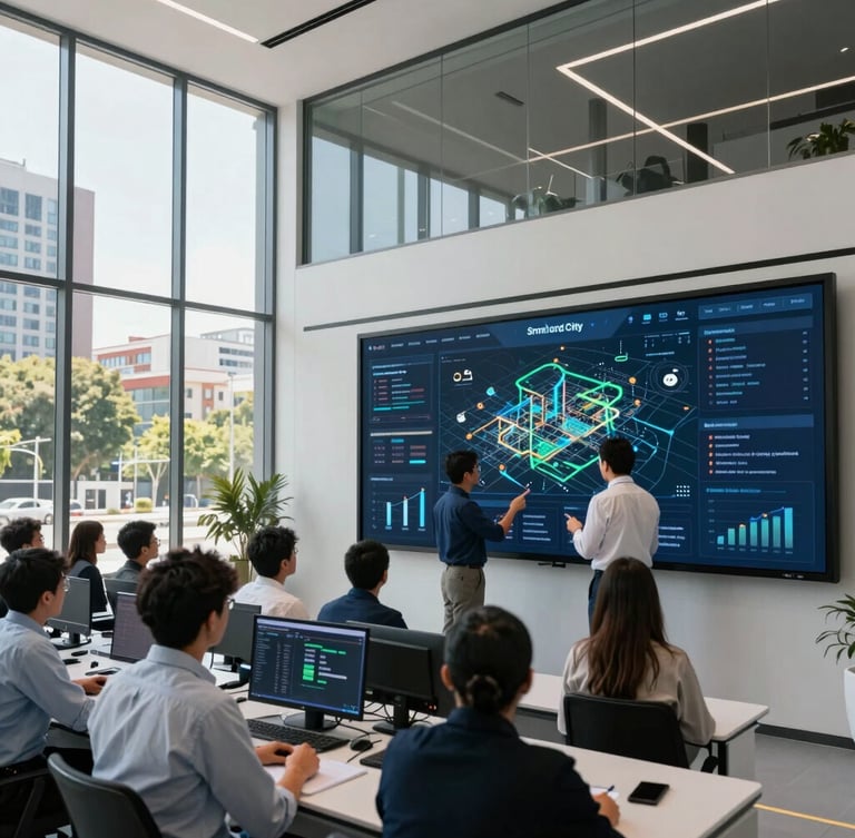 Modern collaborative tech lab in Santiago, diverse professionals analyzing a digital smart city dashboard on a large screen, daylight, modern architectural setting.