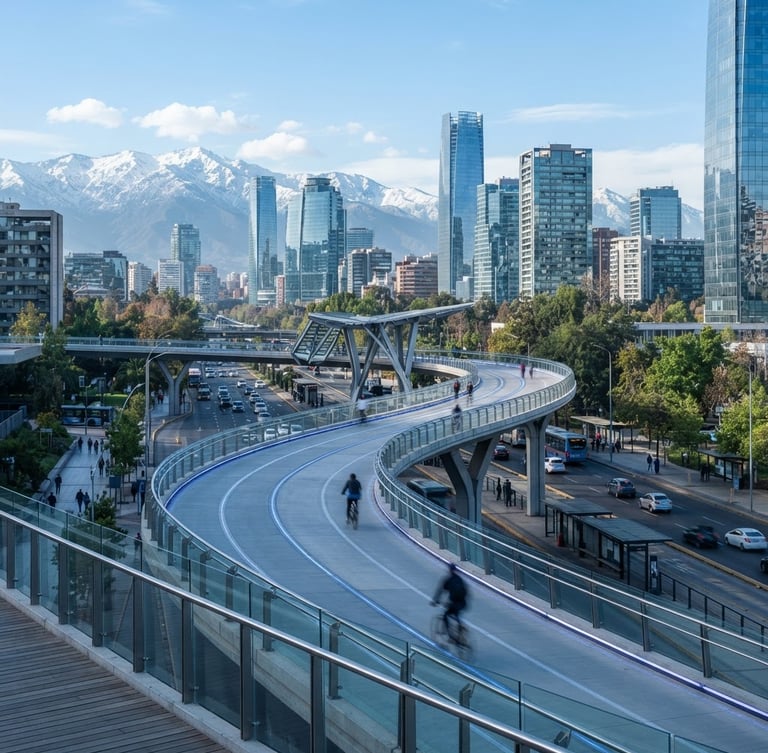 Crisp daylight architectural shot of modern urban infrastructure in Santiago, smart mobility lanes, clean composition, cool blue tones.