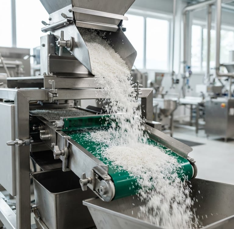 A vertical portrait of high-grade desiccated coconut flowing through a modern stainless steel sorting machine, bright natural daylight, crisp white and deep green tones, 50mm lens.