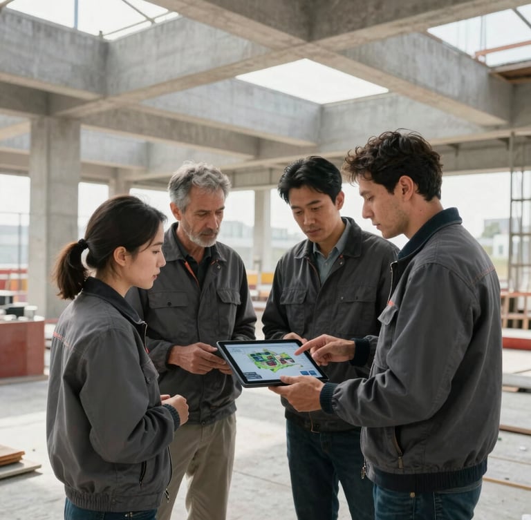 Grupo de engenheiros e arquitetos (3-4 pessoas) em um canteiro de obras limpo, um deles apontando para um tablet com um modelo 3D, os outros observando. Foco na colaboração profissional, luz natural clara, tons de concreto e cinza.