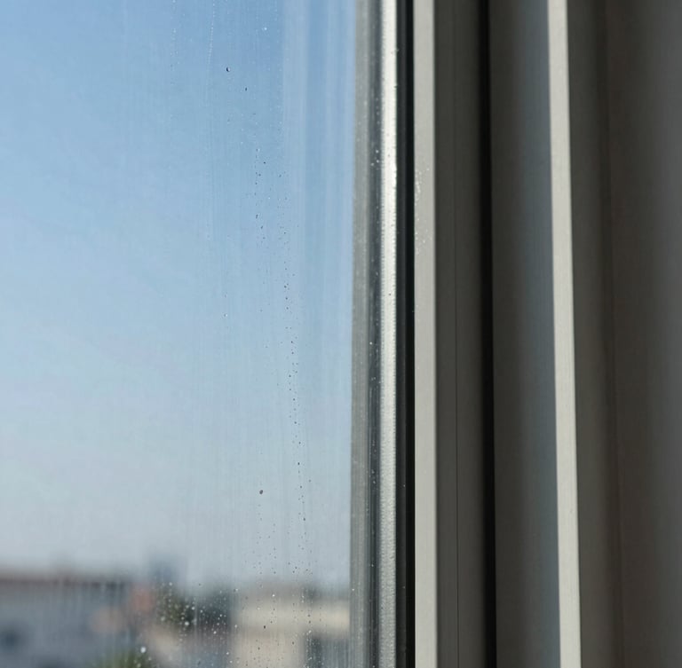 Close-up of water shearing off a perfectly clean window pane in bright morning sunlight, high-contrast detail, crisp commercial photography