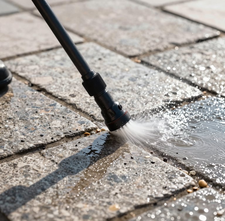Close-up of a high-precision pressure washer leaving a sharp clean line on weathered stone paving, water droplets sparkling in direct morning sunlight, high-contrast detail, 35mm lens