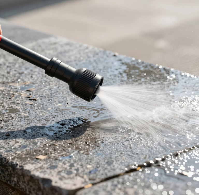 A sharp close-up action shot of a pressure washer nozzle leaving a clean, high-contrast line on weathered gray stone, bright morning sunlight, water spraying, crisp focus.