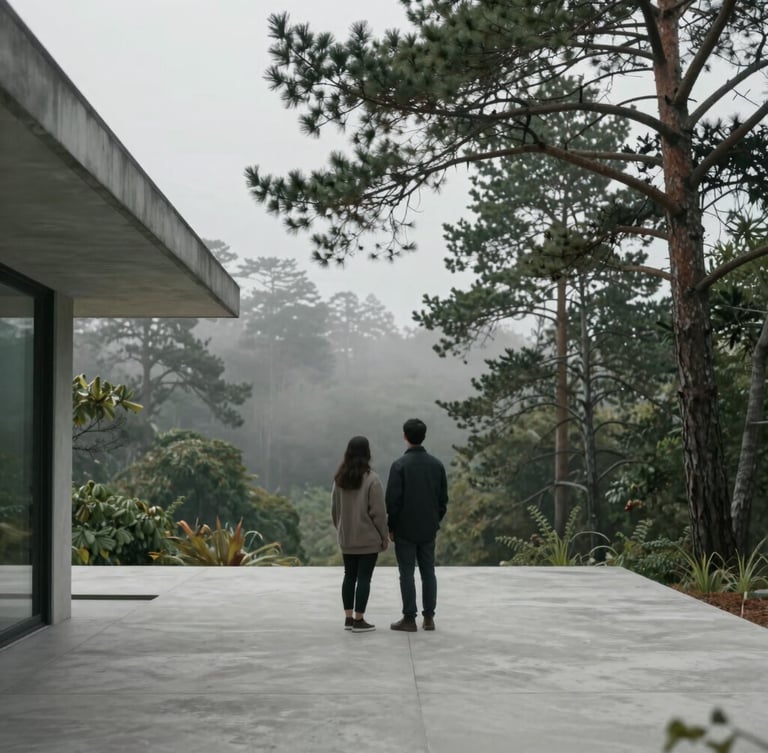 Cinematic wide-angle shot of a couple standing on a concrete minimalist terrace overlooking a misty pine forest, overcast natural light, architectural framing on the left.
