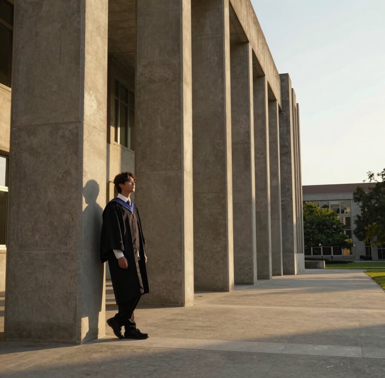 Cinematic wide-angle shot of a graduate standing near brutalist concrete university columns at golden hour, long shadows, warm directional light, negative space on the right