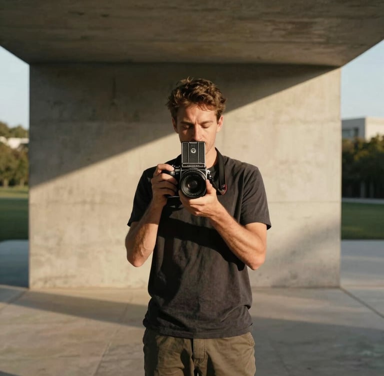 A portrait of a photographer holding a medium format film camera, standing in a minimalist concrete pavilion with strong geometric shadows and warm golden hour light casting across the frame.