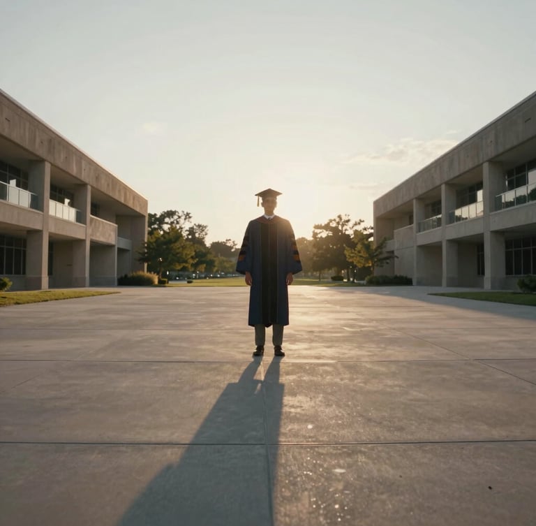 Cinematic wide-angle shot of a graduate standing on a concrete campus plaza at golden hour, long shadows, architectural concrete lines, overcast soft light, unposed.