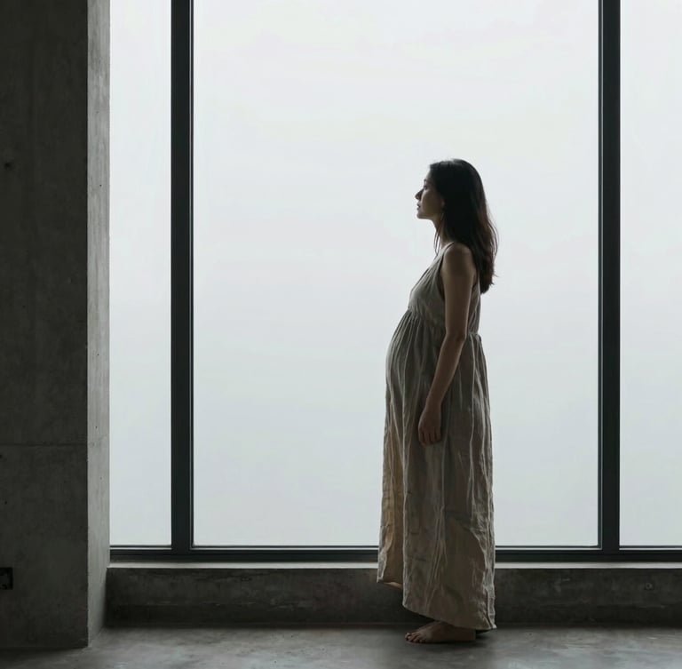 Cinematic medium shot of an expecting mother in a flowing linen dress standing by a massive concrete window frame, directional overcast natural light illuminating her silhouette, minimalist architectural interior.