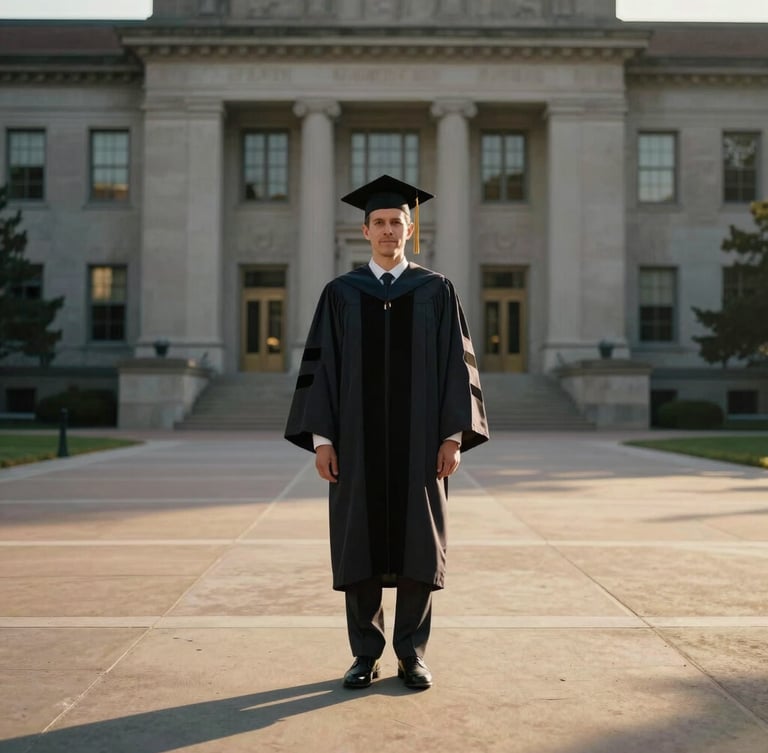 Cinematic portrait of a graduate standing on a grand concrete university plaza at golden hour, long shadows stretching across the ground, historic limestone library in the soft-focus background, warm directional light.