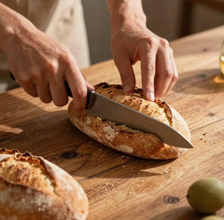 Hands slicing crusty traditional local bread on a rustic wooden table, natural golden-hour light, warm editorial photography