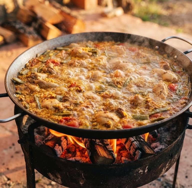 A close-up of a bubbling traditional Valencian paella cooking over an open orange wood fire, charred firewood, natural warm lighting, editorial photography style