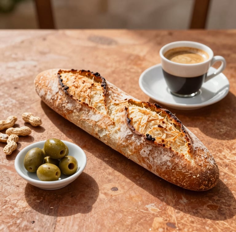 A rustic table set with a traditional Valencian esmorzaret, featuring a large crusty bocadillo, a small dish of peanuts, olives, and a warm glowing cremaet coffee in natural morning light.