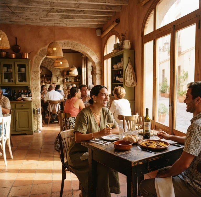 Warm editorial photography of a sun-drenched rustic dining room in Valencia, terracotta walls, wooden tables, natural golden-hour light, 35mm
