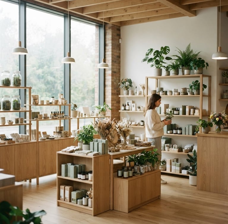 Bright, daylight-filled wide shot of Nova Budz clean retail space interior, light wood shelving, subtle botanical accents, inviting atmosphere, off-center to the right, soft morning light.