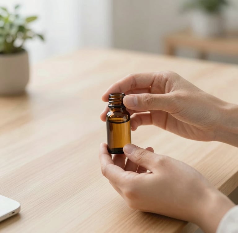 Professional, warm hands gently holding a small amber glass bottle, a clean, light wood desk with botanical elements in the background, soft diffused morning daylight, shallow depth of field.
