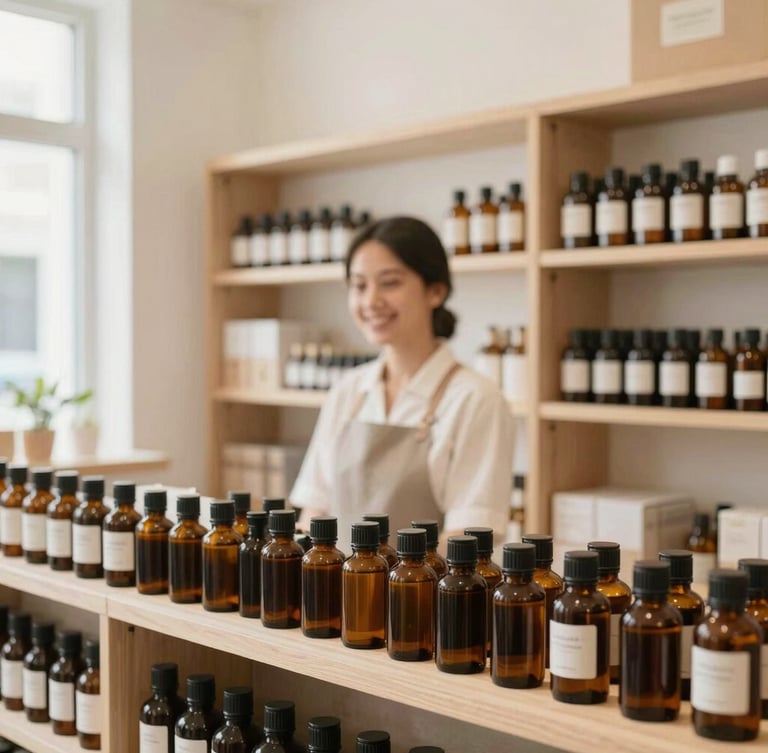 Portrait shot of a bright, clean shop interior with light wood shelving, neatly arranged amber glass bottles, and a friendly, professional staff member subtly blurred in the background, soft diffused morning daylight.