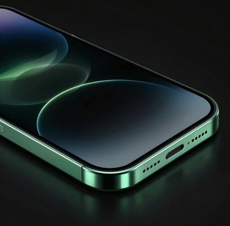 Sleek 3D tech render of a premium glass-and-steel smartphone mockup showing a clean dark-mode interface, sharp macro focus, neon green rim lighting, black background