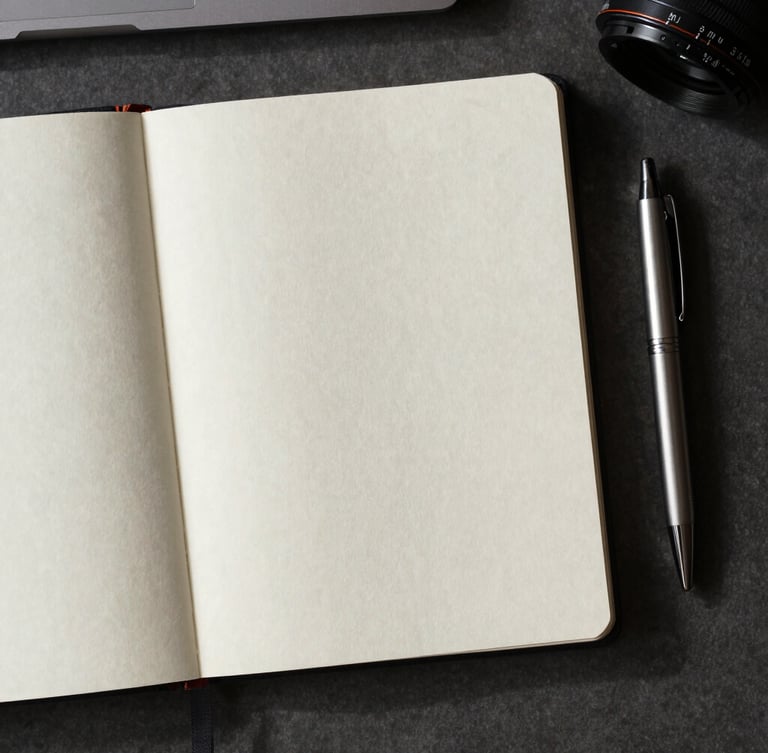 Overhead flat-lay of a structured desk with a clean linen notebook, a single high-quality pen, soft daylight, gentle shadows, and absolutely no people.