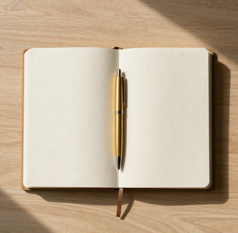 Overhead flat-lay of an open linen notebook and a sleek brass pen on a clean light oak desk, soft morning light casting gentle shadows