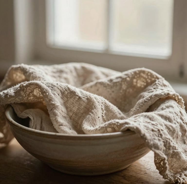 A close-up portrait of natural linen draped over a handmade ceramic bowl, soft morning window light, warm earthy tones, shallow depth of field