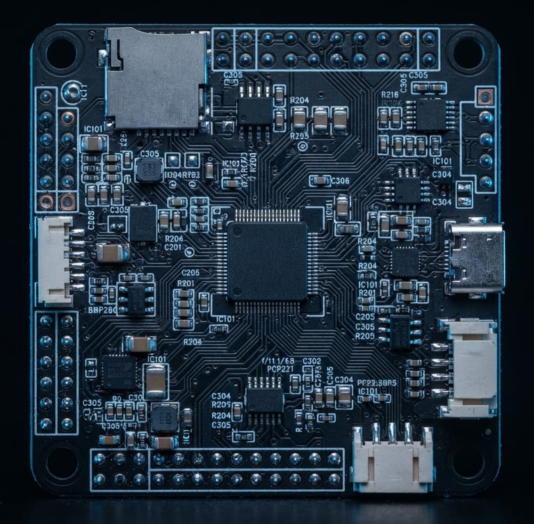 Sharp macro photograph of an autonomous flight controller circuit board, cold blue backlighting, high-contrast dark charcoal tones, hyper-detailed telemetry traces