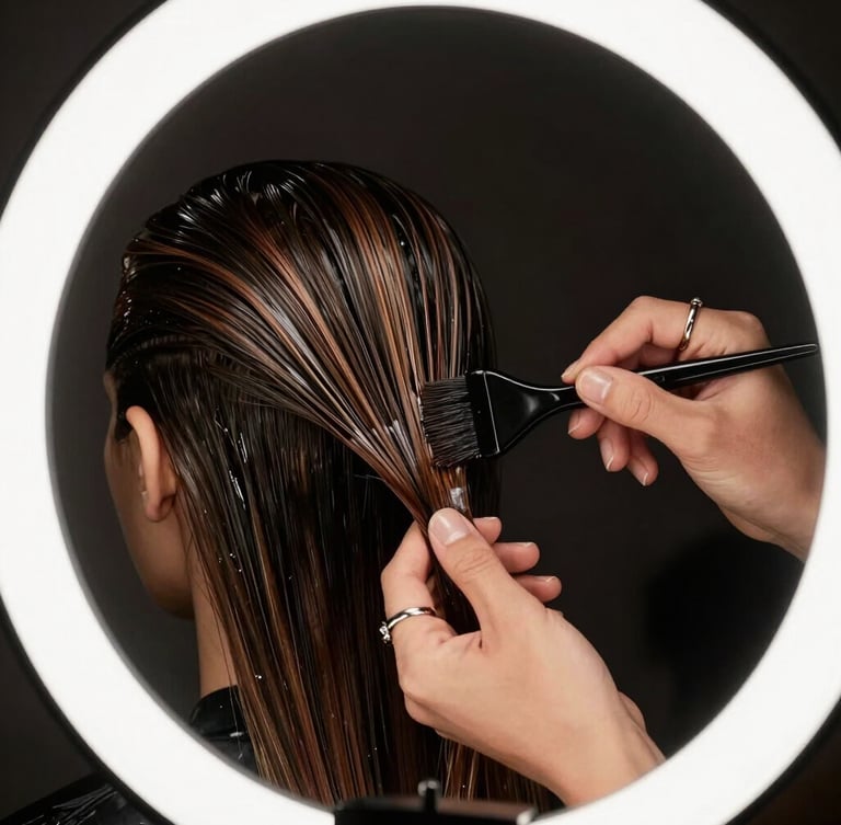 A dramatic close-up of a stylist's hands with rings, precisely applying hair color with a brush, high contrast dark lighting, ring-light reflection.