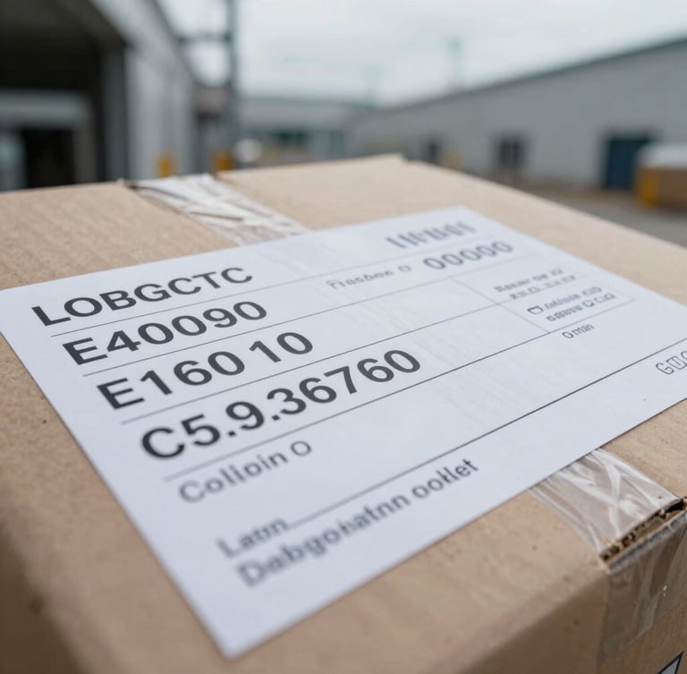 Extreme close-up of a logistics label on a commercial parcel, showing tracking numbers and destination details, cool industrial lighting, sharp focus