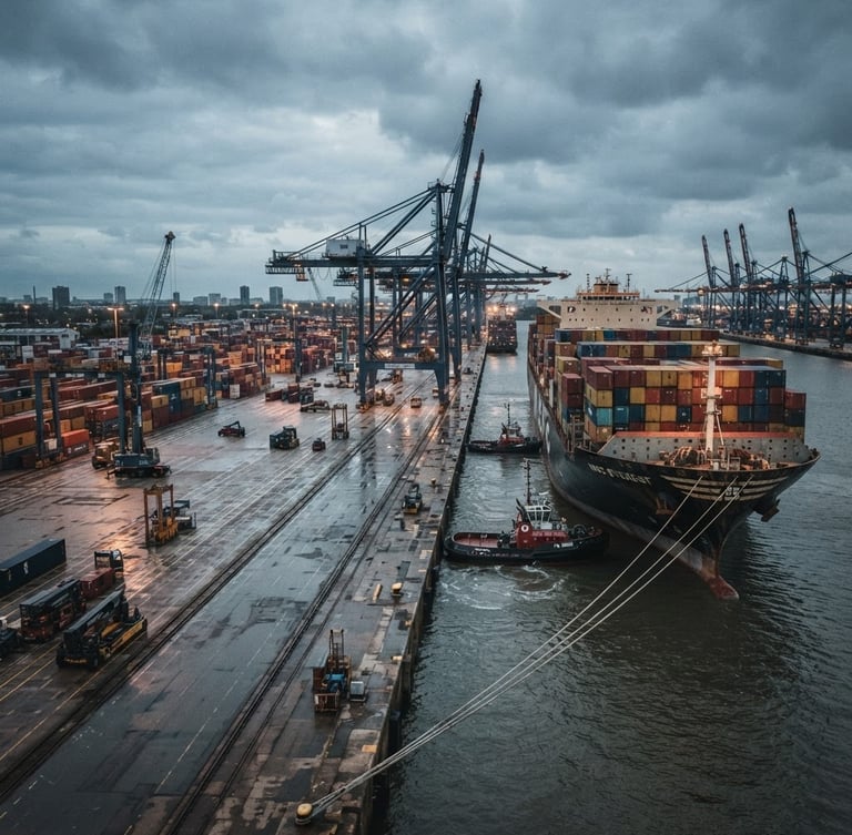Container ship docking at a vast industrial port at dusk, wide-angle, cool industrial photography, desaturated steel tones, sharp focus, 35mm