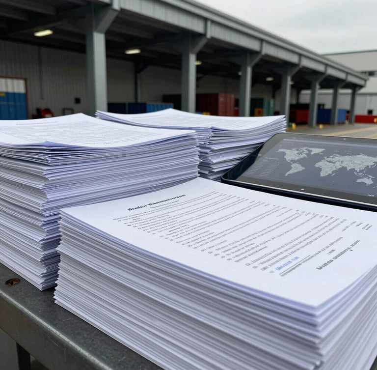 Close-up of a stack of international trade regulation documents and a digital tablet displaying global shipping data, cool industrial lighting, sharp focus.