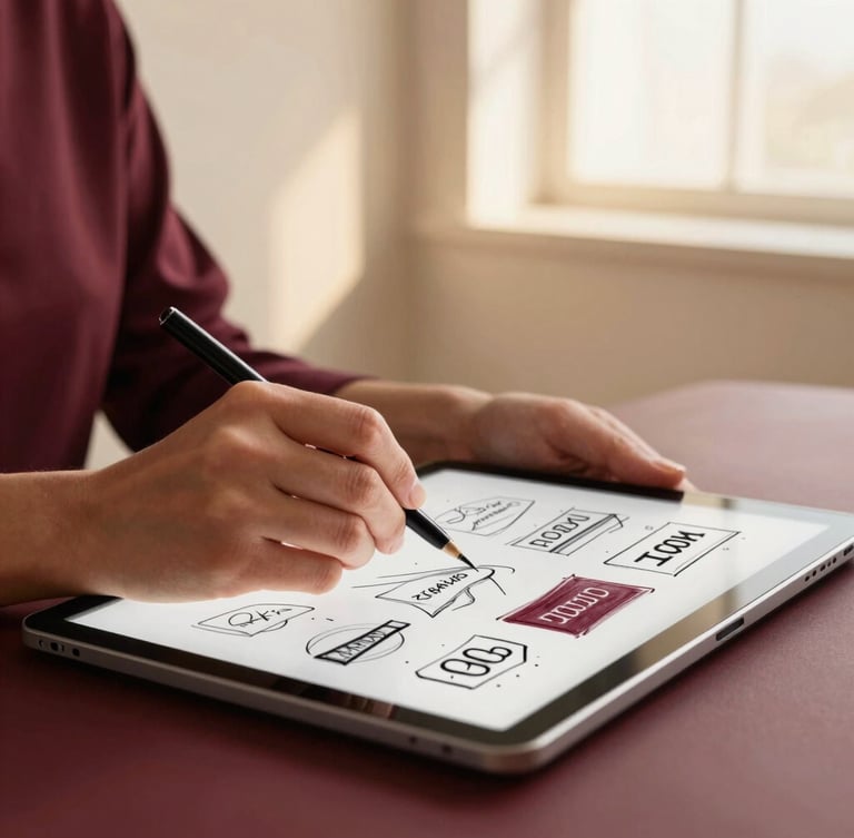 Close-up of a designer's hands sketching brand concepts on a tablet in a minimalist studio. Soft warm lighting, bordeaux color accents, highly professional, 35mm.